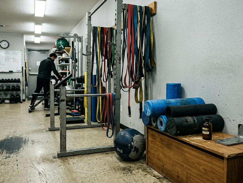 Fitness gym equipment or training area under harsh fluorescent lights